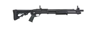 Tactical pump action shotgun with adjustable stock and folding iron sights.